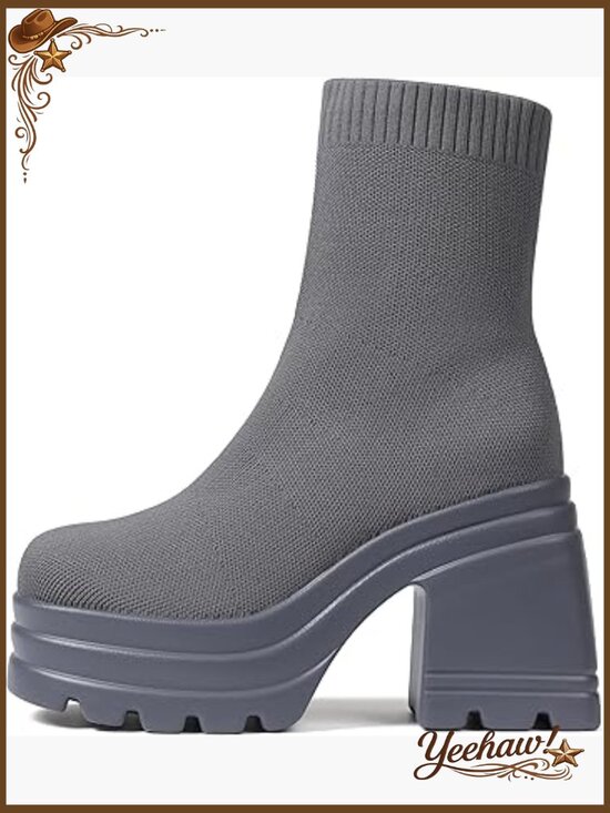 Shoes - Stretch Knit Ankle Boots Square Toe Chunky Heel Platform Slip On